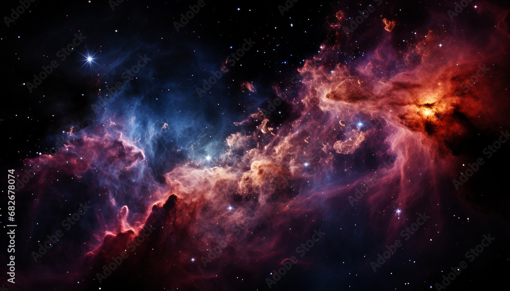 Stunning cosmic scene featuring a supernova explosion amid swirling red and blue nebulas