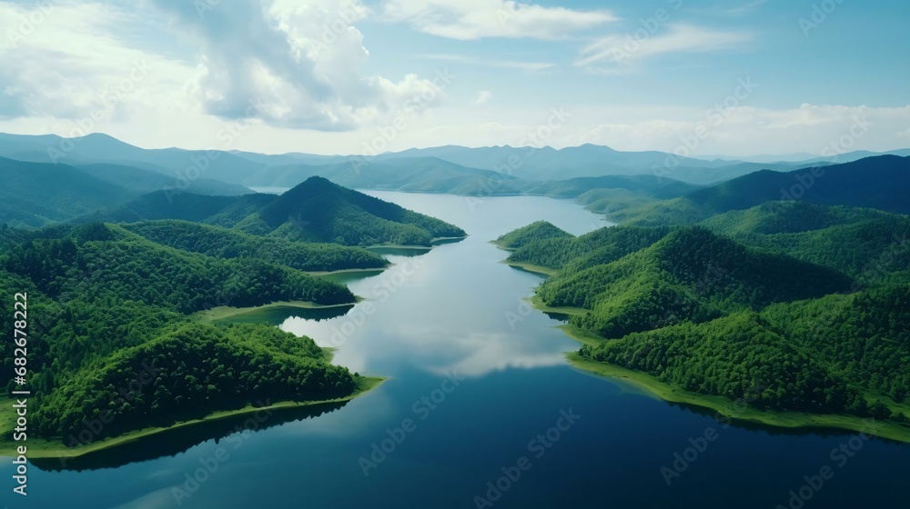 a lake surrounded by green hills