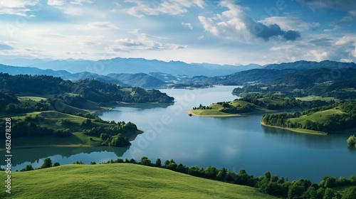 a lake surrounded by green hills photo