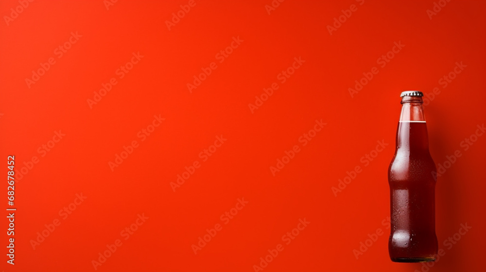 Bottle of cola on red background. Top view with copy space. Bottle of cola on red background. Top view with copy space.