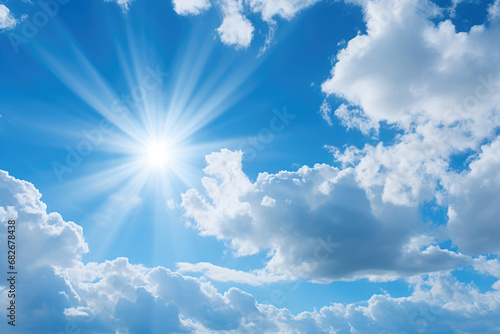 Background of blue sky and white clouds with the sun