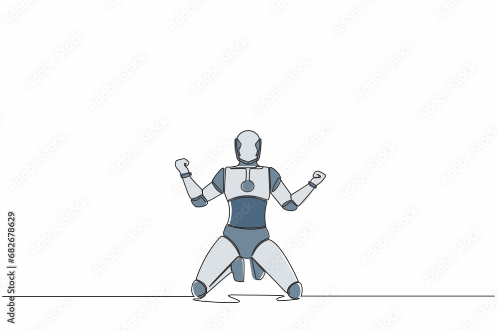 Continuous one line drawing of happy robot kneeling with both hands yes gesture, celebrating success. Humanoid cybernetic organism. Future robotic. Single line draw graphic design vector illustration Continuous one line drawing of happy robot kneeling with both hands yes gesture, celebrating success. Humanoid cybernetic organism. Future robotic. Single line draw graphic design vector illustration