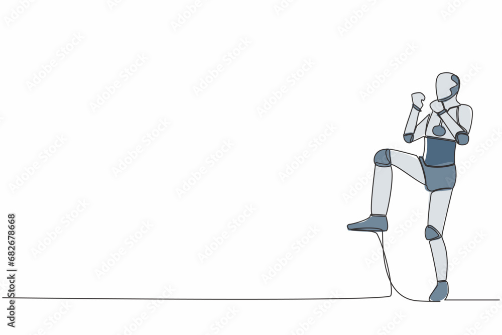 Continuous one line drawing happy robot standing with raised one leg and doing yes gesture. Humanoid cybernetic organism. Future robot development. Single line draw graphic design vector illustration