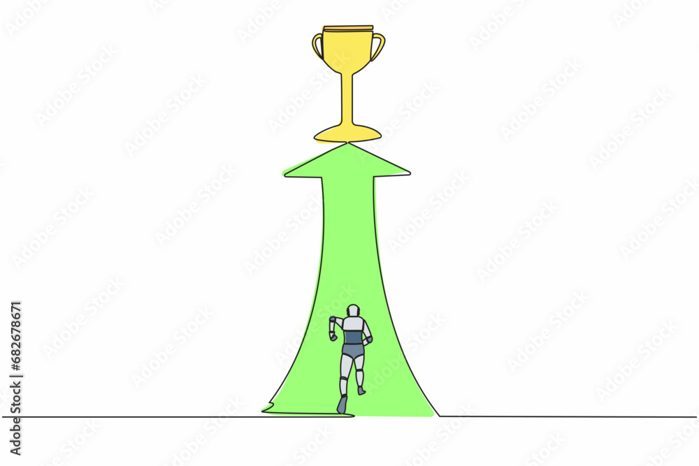 Continuous one line drawing of robot running and reach for trophy. Ability to win concept. Humanoid cybernetic organism. Future robotic development. Single line draw design vector graphic illustration Continuous one line drawing of robot running and reach for trophy. Ability to win concept. Humanoid cybernetic organism. Future robotic development. Single line draw design vector graphic illustration