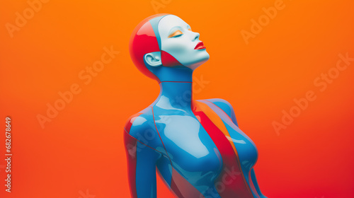 Isolated naked female mannequin with multicolored pattern to accentuate curves - minimalist studio background, feminine concept of health and body positivity. 