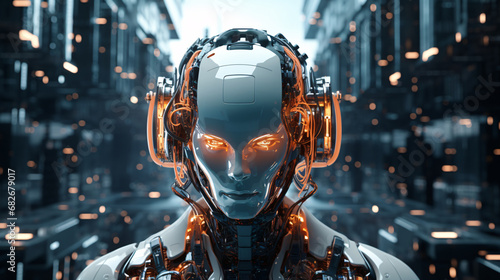 Illustration of a robotic humanoid head. Generative ai