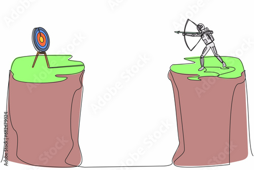 Continuous one line drawing astronaut standing on cliff with archer in hand. Space exploration target goal. Spaceman forced to successful. Cosmonaut outer space. Single line design vector illustration