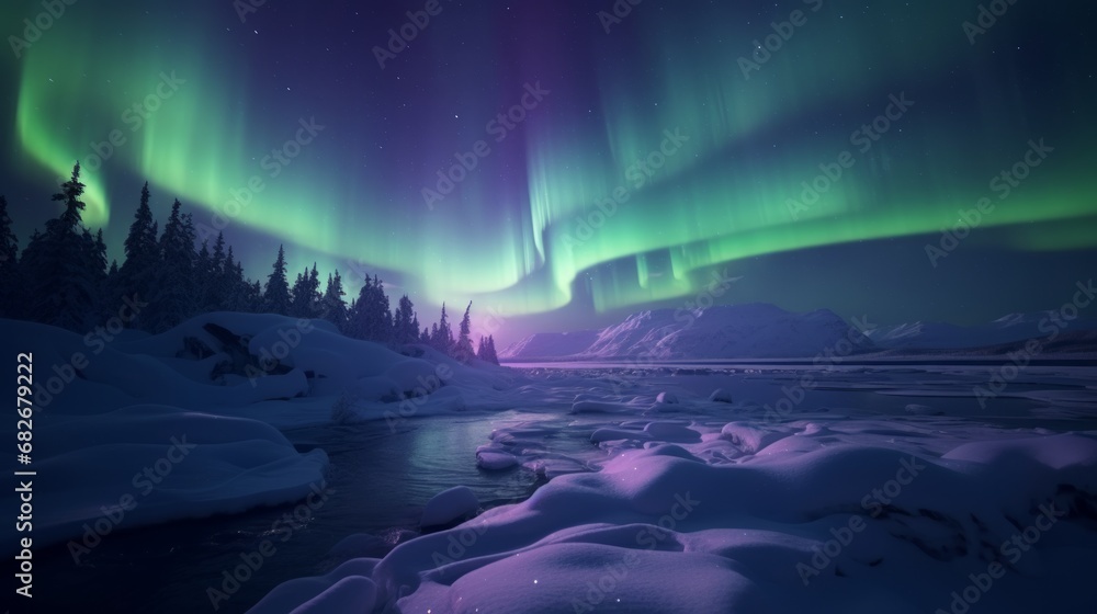 Aurora borealis above snowy dark forest nature. Green northern lights above mountains. Night sky with polar lights. Night winter landscape.