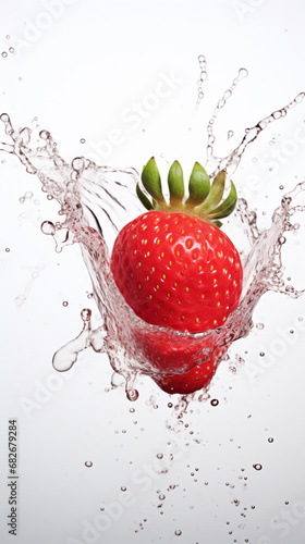 Strawberry falling into water with a splash on a gray background