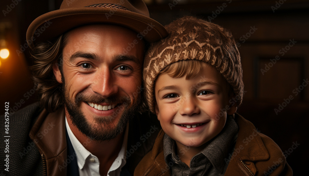 Father and son smiling together, wearing hats and warm clothes Father and son smiling together, wearing hats and warm clothes