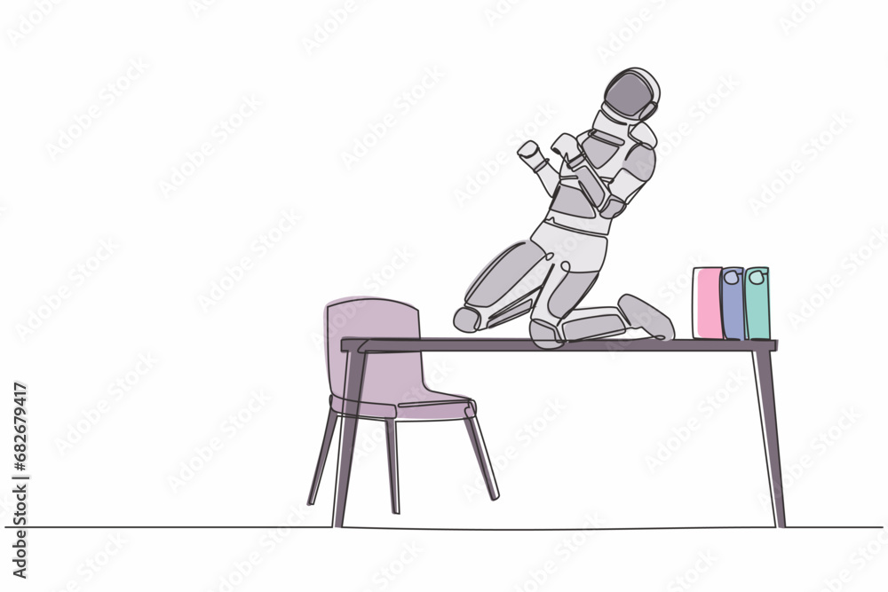 Fototapeta premium Continuous one line drawing of happy astronaut kneeling with celebrating goal pose on desk. Celebrate successful space expedition. Cosmonaut outer space. Single line graphic design vector illustration