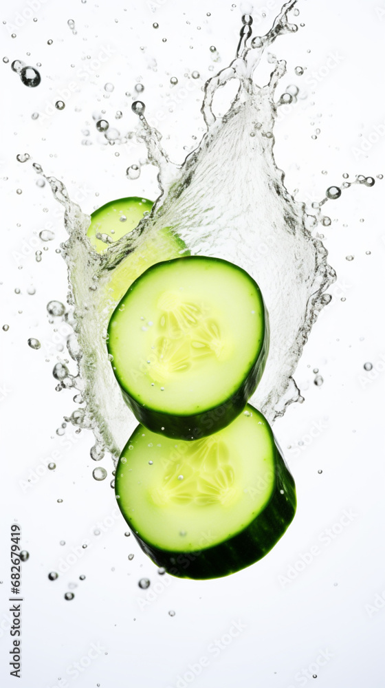 Cucumber slice with water splash, isolated on white background. Cucumber slice with water splash, isolated on white background.