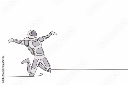Single continuous line drawing of happy astronaut jumping with raised legs and spread arms. Celebrate successful in spacewalk project. Cosmonaut deep space. One line graphic design vector illustration