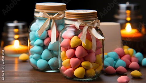 Colorful almond candies in glass jars with satin ribbons and candlelight