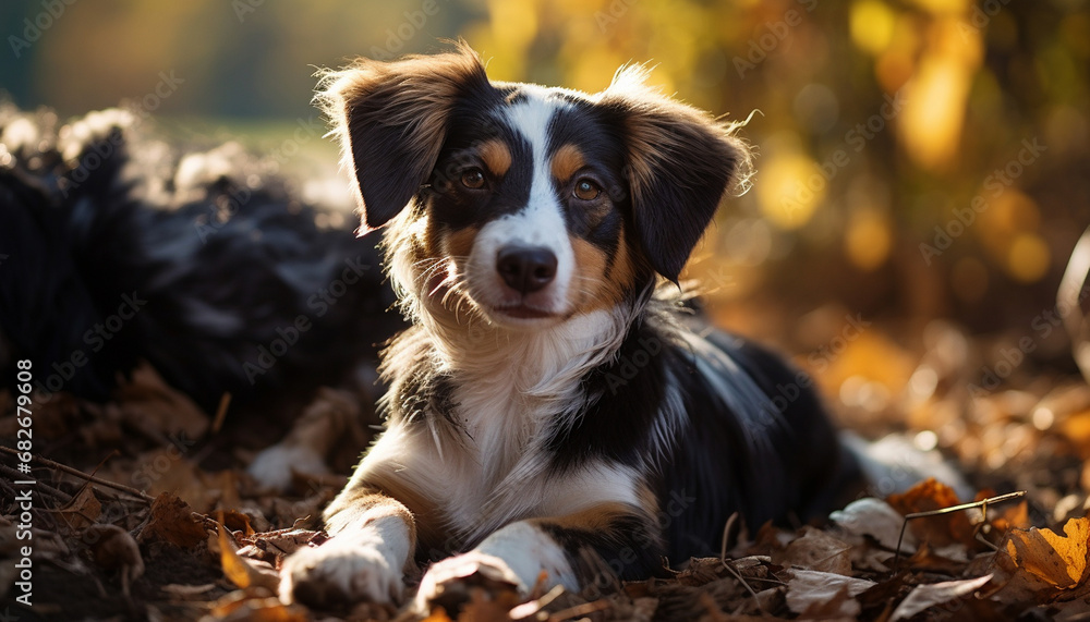 Tricolor dog lying in autumn leaves with a soft golden backdrop