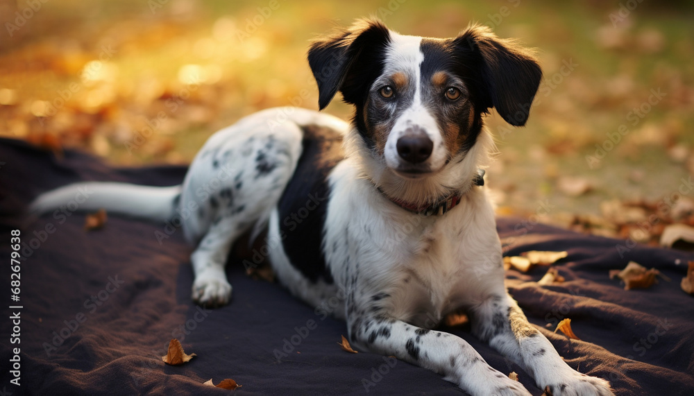 Tricolor dog lounging on blanket amid autumn leaves Tricolor dog lounging on blanket amid autumn leaves