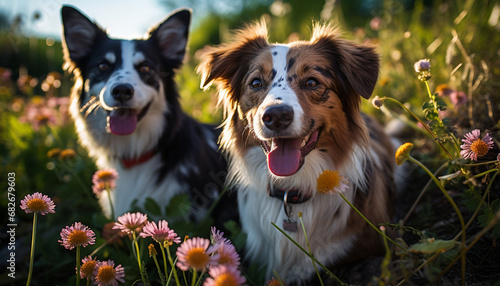 Two border collies amidst pink wildflowers in sunlit field