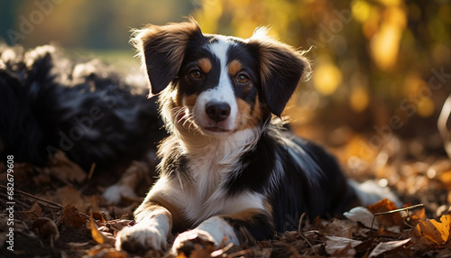 Tricolor dog lying in autumn leaves with a soft golden backdrop © Vagengeim