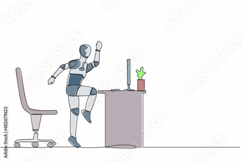 Single continuous line happy robot jumping and dancing on his workplace, computer desk. Celebrating success. Artificial intelligence machine learning process. One line draw design vector illustration