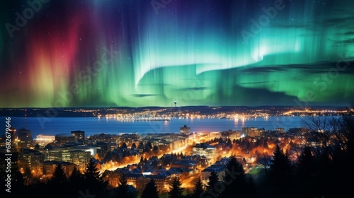 Aurora borealis above a metropolis cityscape. Green northern lights above urban area. Night sky with polar lights. Night winter landscape.