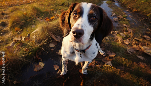 Inquisitive spaniel with soulful eyes on a forest path at sunset
