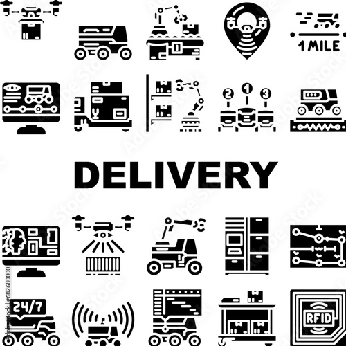 autonomous robot delivery icons set vector. technology transport, autonomous industry, vehicle, transportation, automated autonomous robot delivery glyph pictogram Illustrations
