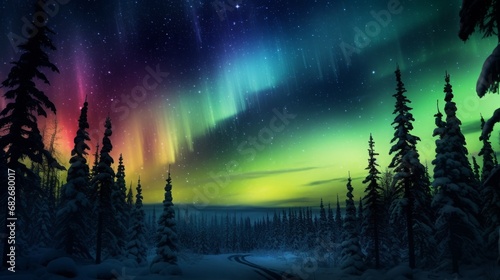 Aurora borealis above snowy dark forest nature. Green northern lights above mountains. Night sky with polar lights. Night winter landscape. photo