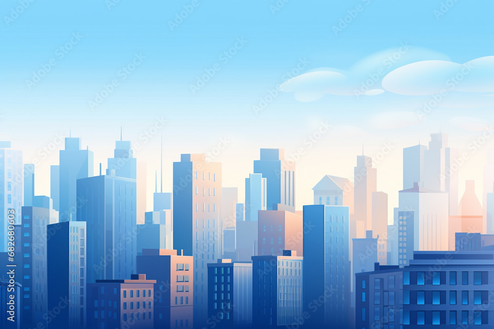 Minimal colorful graphic illustration art of tall building cityscape on a clear blue sky background. Generative AI. Minimal colorful graphic illustration art of tall building cityscape on a clear blue sky background. Generative AI.