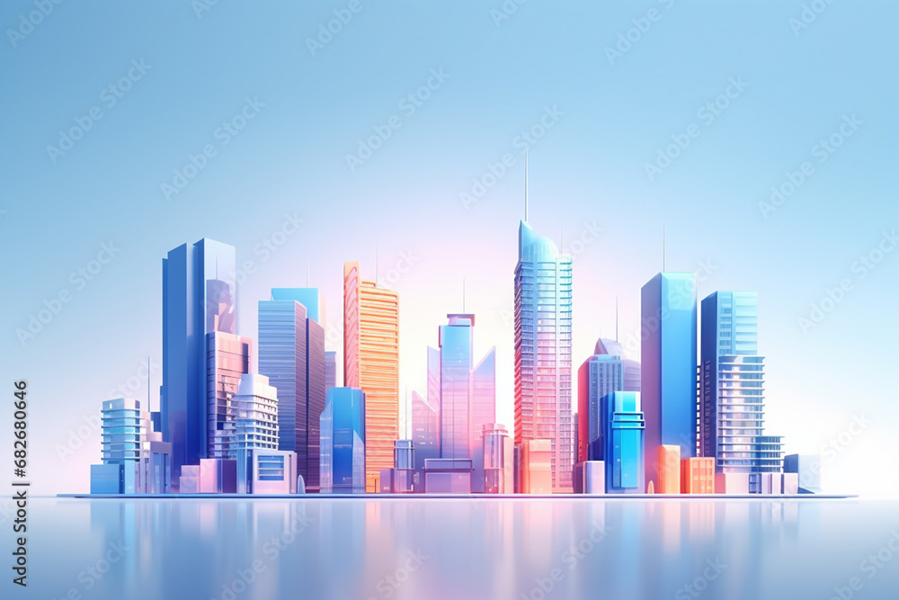 Minimal colorful graphic illustration art of tall building cityscape on a clear blue sky background. Generative AI. Minimal colorful graphic illustration art of tall building cityscape on a clear blue sky background. Generative AI.
