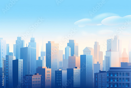 Minimal colorful graphic illustration art of tall building cityscape on a clear blue sky background. Generative AI.