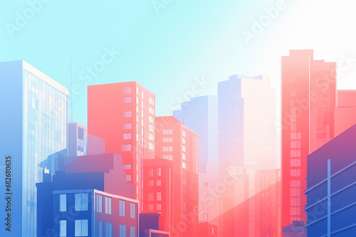 Minimal colorful graphic illustration art of tall building cityscape on a clear blue sky background. Generative AI.