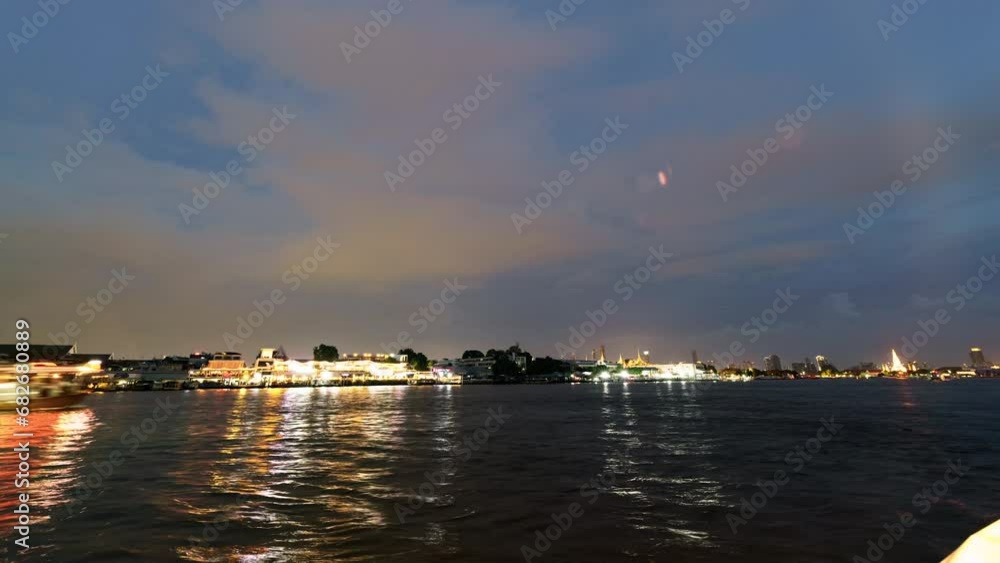 Timelapse pan of twilight cityscape over Chao Phraya River in Bangkok, Thailand Timelapse pan of twilight cityscape over Chao Phraya River in Bangkok, Thailand