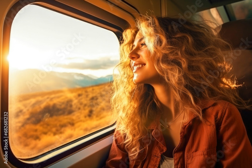 Woman traveling by train and looking through the window with sun shining. A travel concept, chasing her dreams,