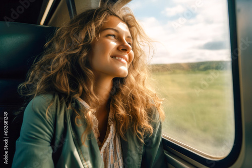 Woman traveling by train and looking through the window. A travel concept, chasing her dreams,