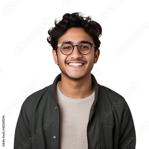 Indian university student Wearing glasses smiling happily on transparent background PNG
