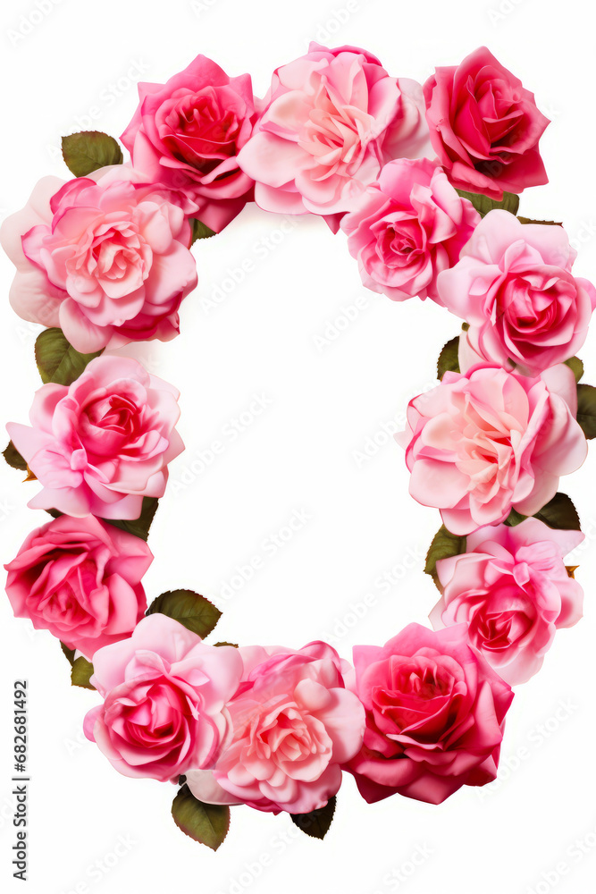 Pink rose flower frame with leaves on white background photo.