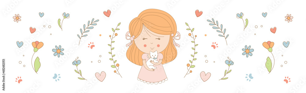 Little Girl with Puppy Around Flower Blossom Vector Set Little Girl with Puppy Around Flower Blossom Vector Set