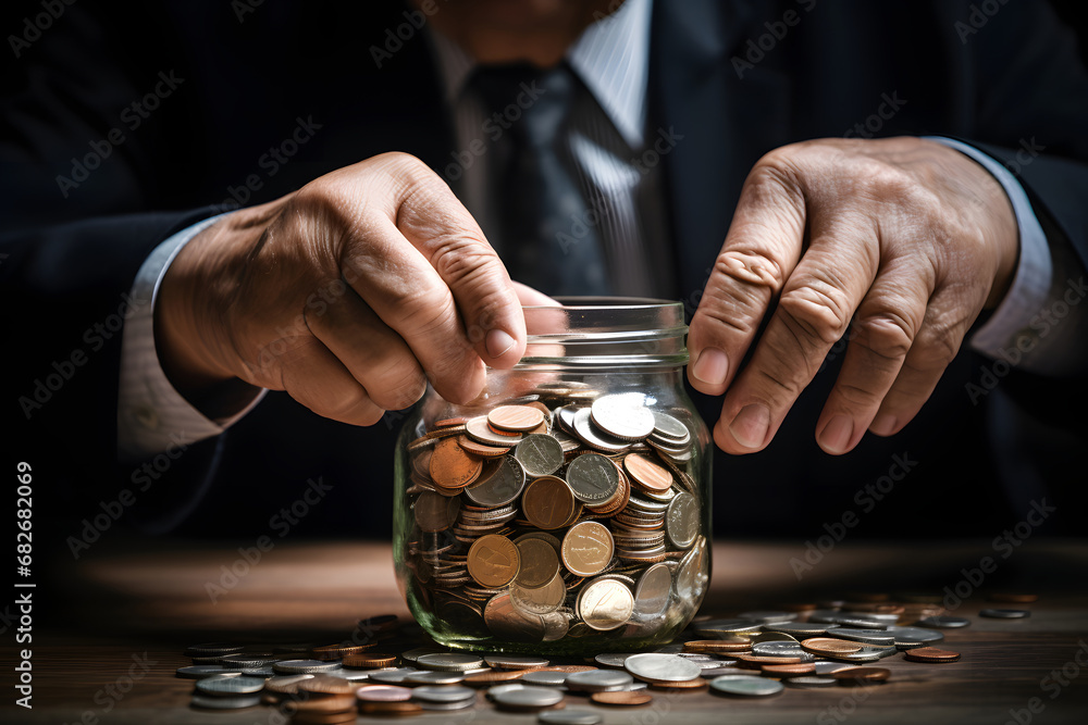 Close-up of Elderly Businessman's Hands Putting Coins into a Jar - obrazy, fototapety, plakaty 