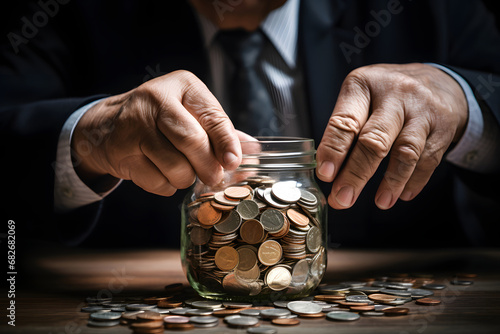 Close-up of Elderly Businessman's Hands Putting Coins into a Jar photo