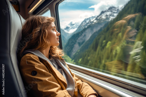 A traveler on a train journey through a mountain pass by train and looking through the window