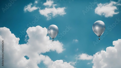 AI generated illustration of silver helium balloons floating in a blue sky