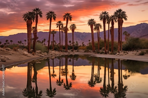 Surreal Desert Oasis at Sunset  Envision a mesmerizing landscape where warm hues paint the arid desert  creating an otherworldly oasis as the sun sets in celestial silence.