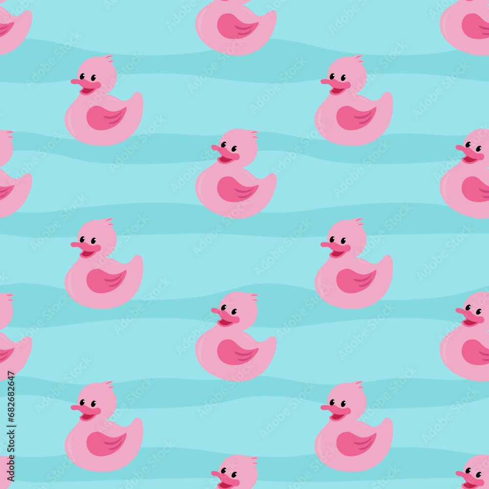 Funny pink rubber ducks in the water. Cute seamless pattern Funny pink rubber ducks in the water. Cute seamless pattern
