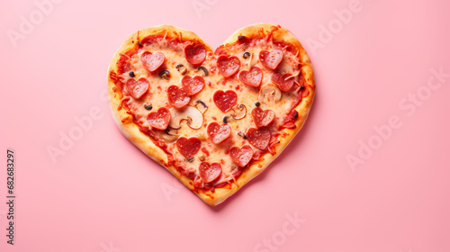 Heart shaped pizza on pink background, top view. Valentine's Day concept.