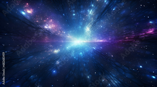 Illustration of navigating through a quantum wormhole surrounded by a plethora of blue and purple stars.