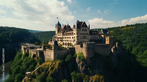 a large castle on a hill with Eltz Castle in the background photo