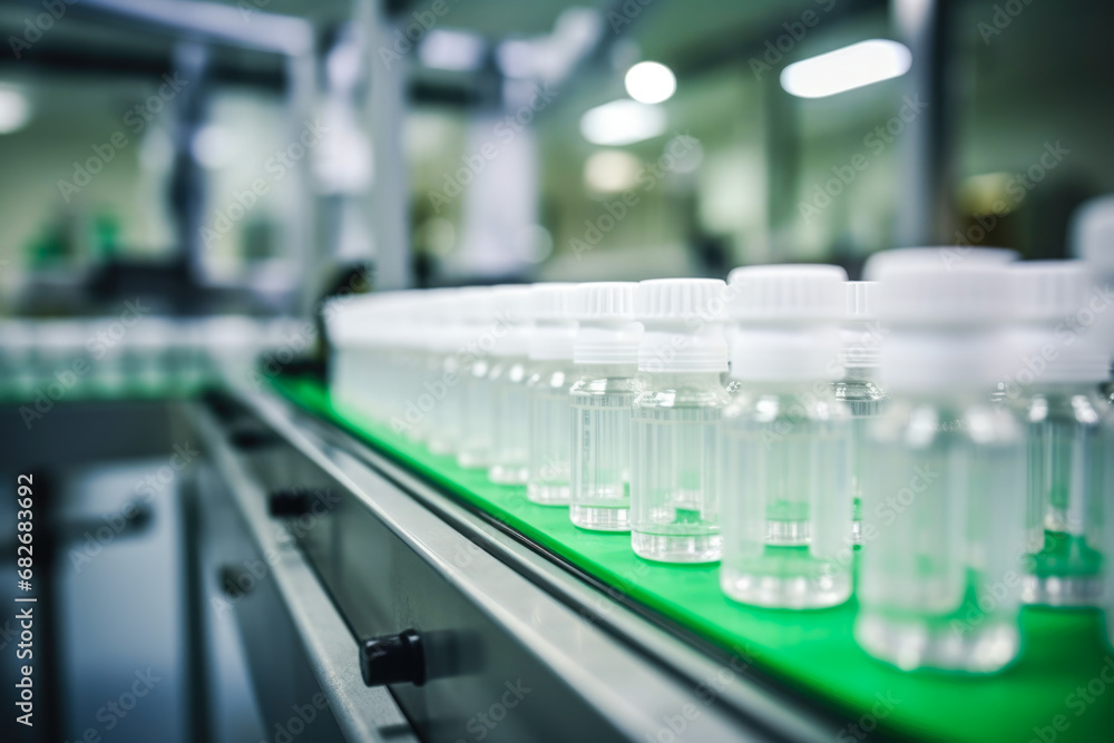 Row of medicine bottles on a pharmaceutical production line in a factory. Row of medicine bottles on a pharmaceutical production line in a factory.