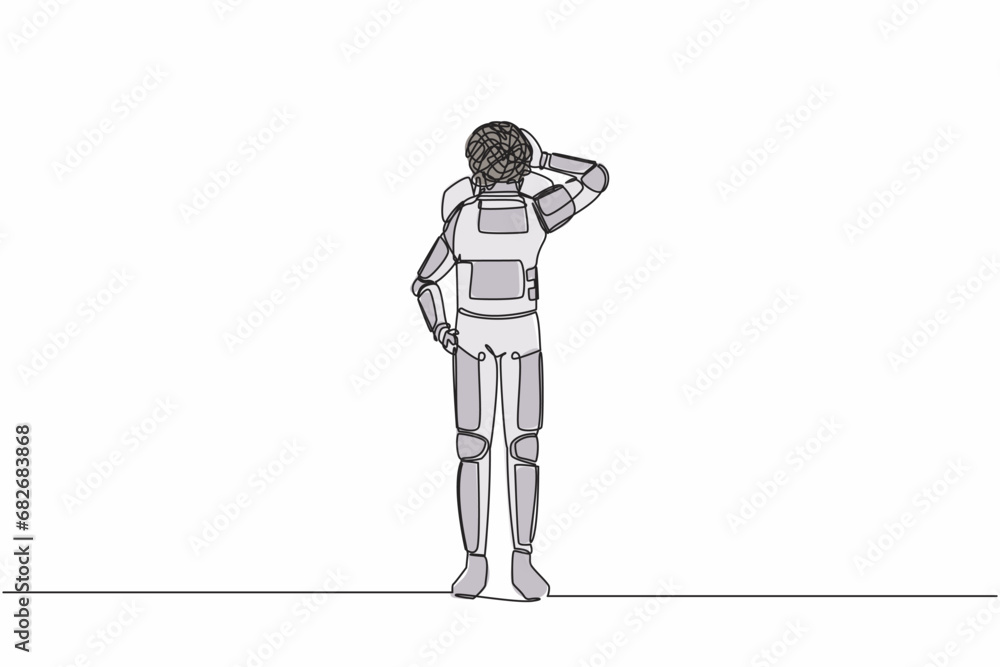 Continuous one line drawing of astronaut with round scribbles instead of head. Doubting spaceman. Memory, searching and thinking. Cosmonaut outer space. Single line graphic design vector illustration