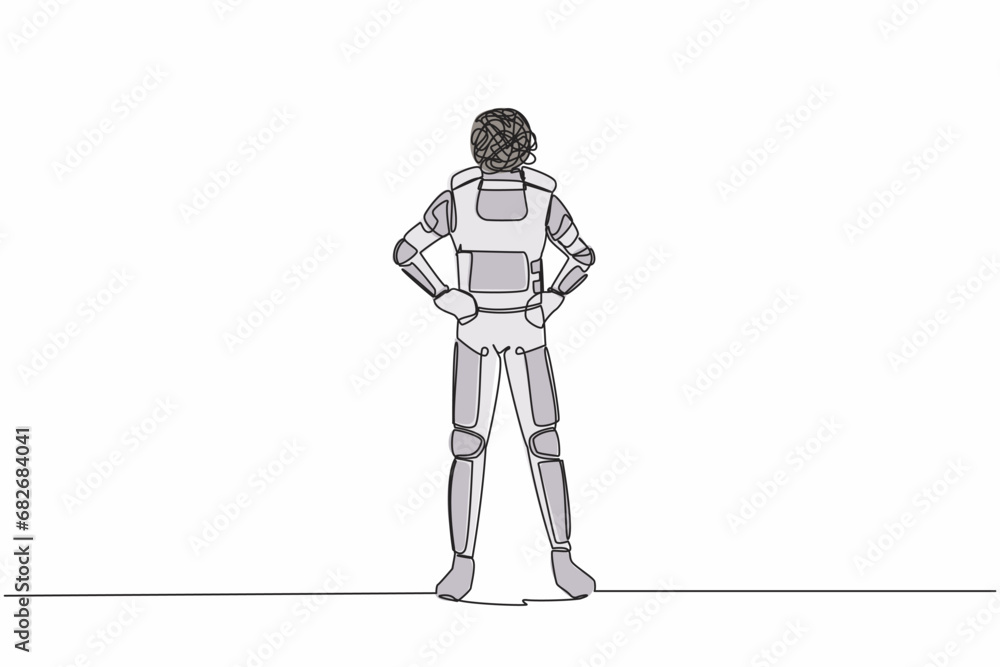 Single continuous line drawing young astronaut with round scribbles instead of head, standing and holding on his hip in moon surface. Cosmonaut deep space. One line graphic design vector illustration