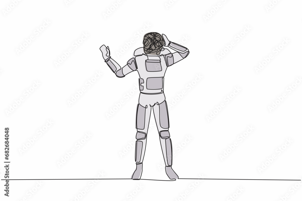 Continuous one line drawing young astronaut with round scribbles instead of head, stop gesture. Covering eyes with hand, fear, expression. Cosmonaut outer space. Single line design vector illustration